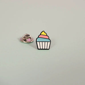 Mini Pin Badge by Crumbs & Doilies featuring a colorful enamel cupcake design on a metal pin, 16mm in size.